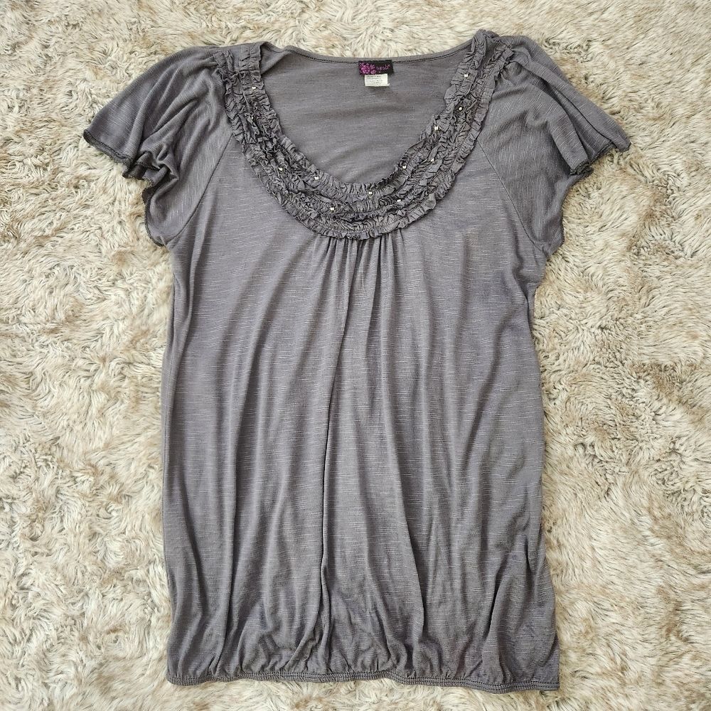 Agenda Short Flutter Sleeve Gathered Trim Scoop Neck Top Gray Size XL